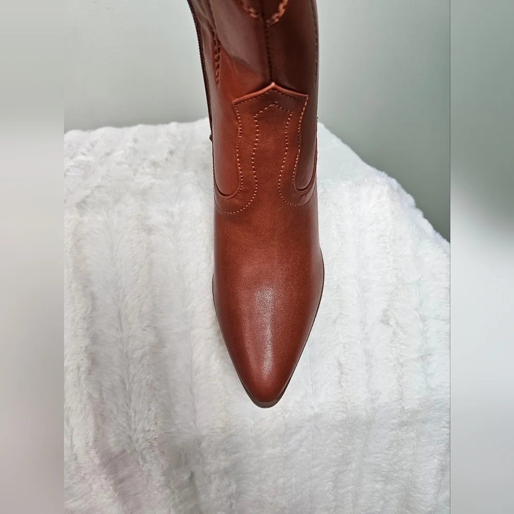 Embroidered Vegan Leather TAN Western Cowgirl Cowboy Boots Zip-up Pointed Toe - Picture 12 of 14